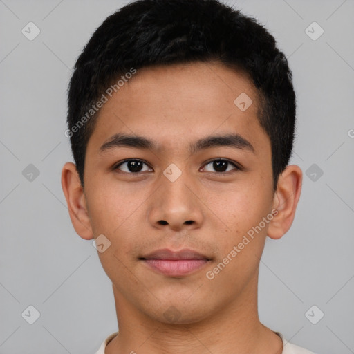 Neutral asian young-adult male with short  black hair and brown eyes