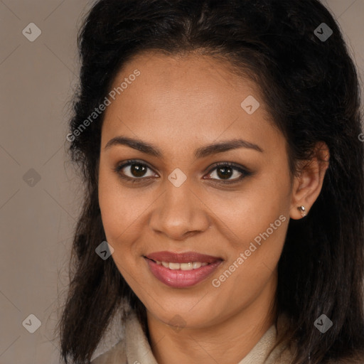 Joyful latino young-adult female with long  brown hair and brown eyes