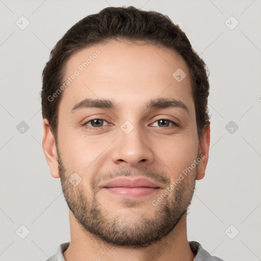 Neutral white young-adult male with short  brown hair and brown eyes