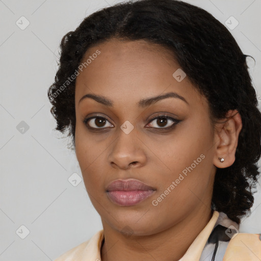 Neutral black young-adult female with medium  brown hair and brown eyes