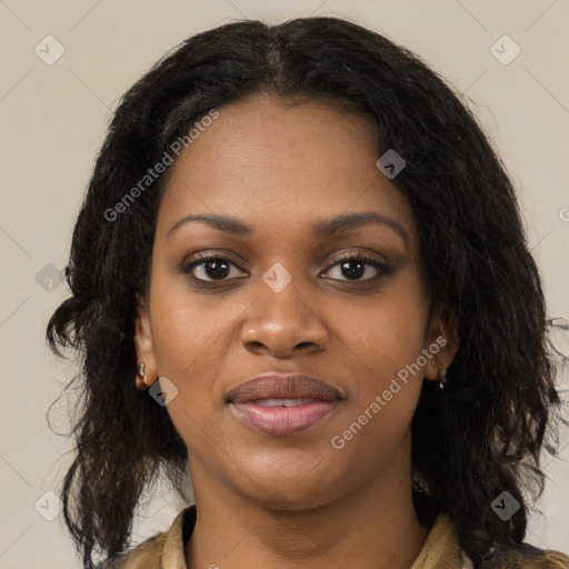 Joyful black young-adult female with medium  brown hair and brown eyes