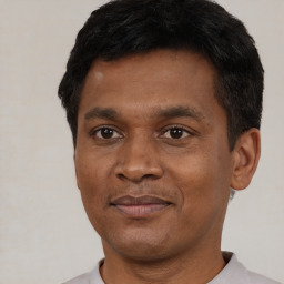 Joyful black young-adult male with short  black hair and brown eyes