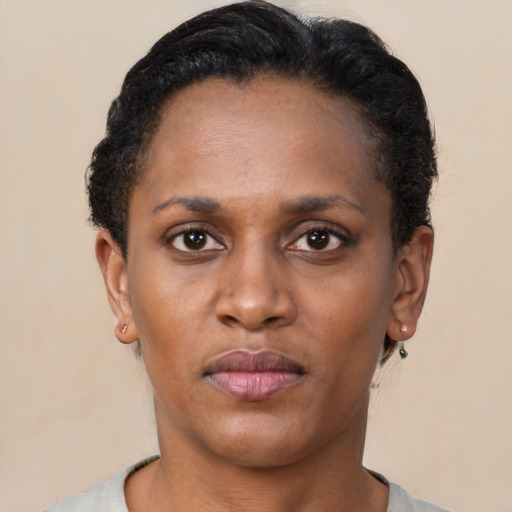 Neutral black young-adult female with short  black hair and brown eyes