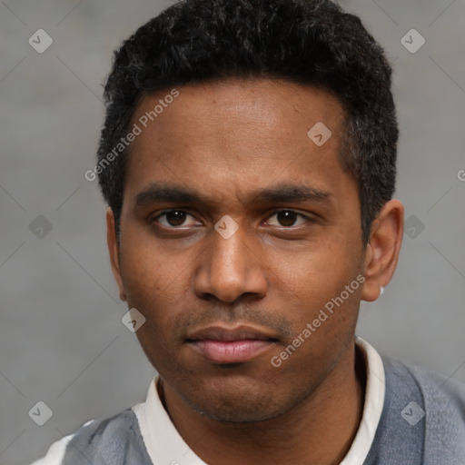 Neutral latino young-adult male with short  black hair and brown eyes