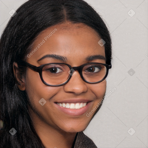 Joyful latino young-adult female with long  brown hair and brown eyes