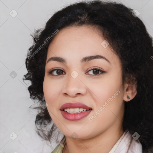 Joyful latino young-adult female with long  brown hair and brown eyes