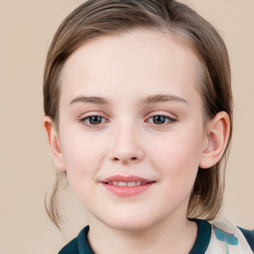 Joyful white child female with medium  brown hair and blue eyes