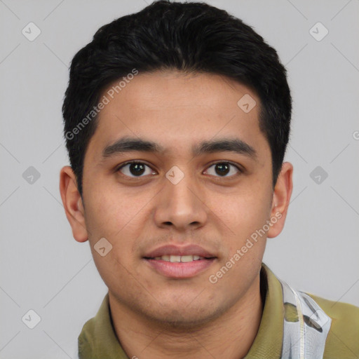 Joyful latino young-adult male with short  black hair and brown eyes