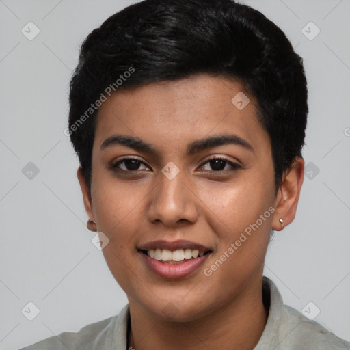 Joyful asian young-adult female with short  black hair and brown eyes