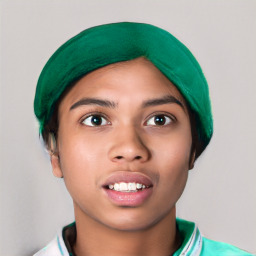 Joyful latino young-adult female with short  black hair and brown eyes