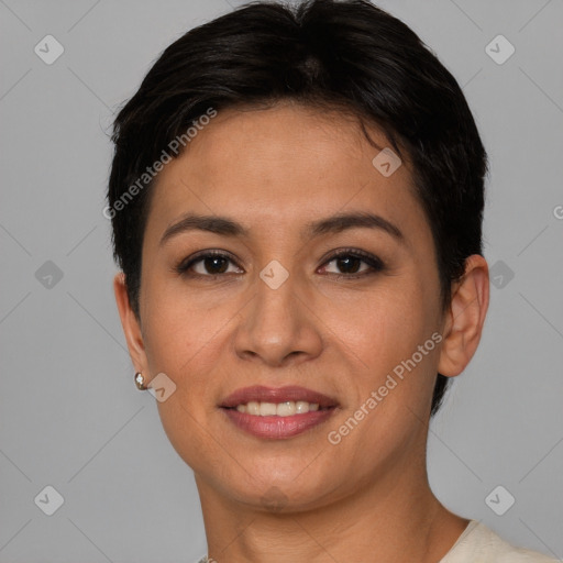 Joyful asian young-adult female with short  brown hair and brown eyes