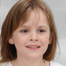 Joyful white child female with medium  brown hair and grey eyes