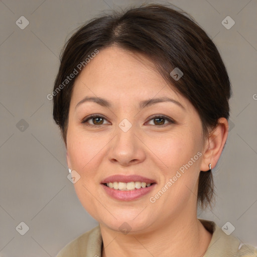 Joyful white young-adult female with medium  brown hair and brown eyes