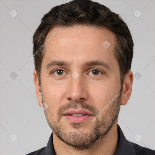 Neutral white adult male with short  brown hair and brown eyes