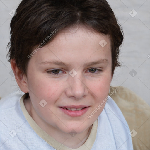 Joyful white child female with medium  brown hair and blue eyes