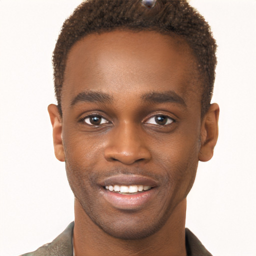 Joyful black young-adult male with short  brown hair and brown eyes