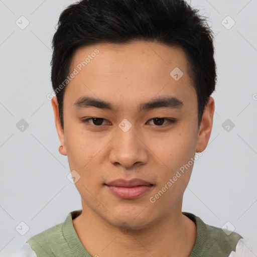 Neutral asian young-adult male with short  black hair and brown eyes