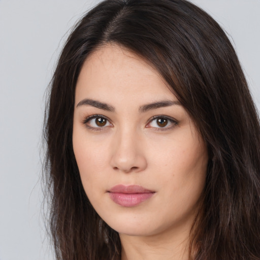 Neutral white young-adult female with long  brown hair and brown eyes
