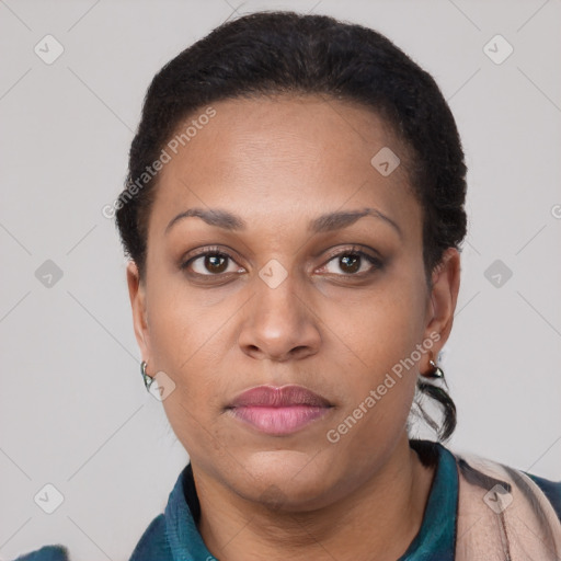 Neutral latino young-adult female with short  brown hair and brown eyes
