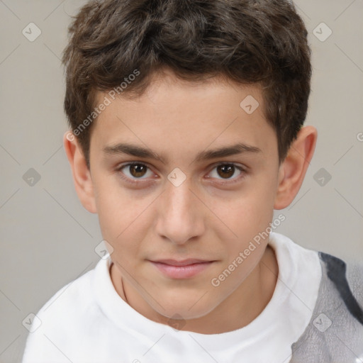 Joyful white child male with short  brown hair and brown eyes