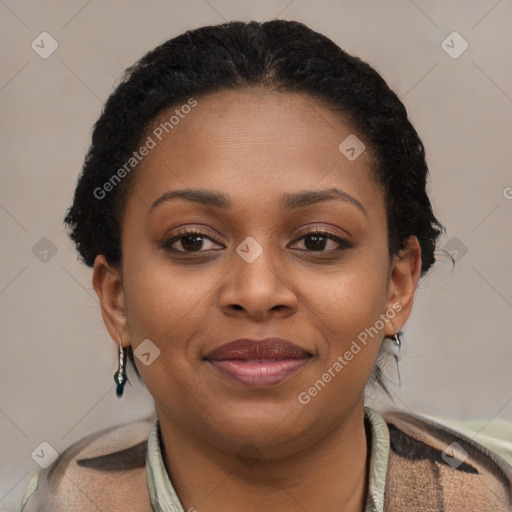 Joyful latino young-adult female with short  brown hair and brown eyes