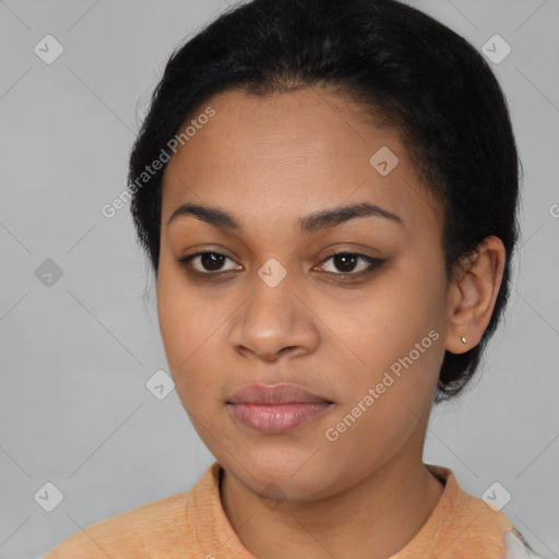 Joyful latino young-adult female with medium  black hair and brown eyes