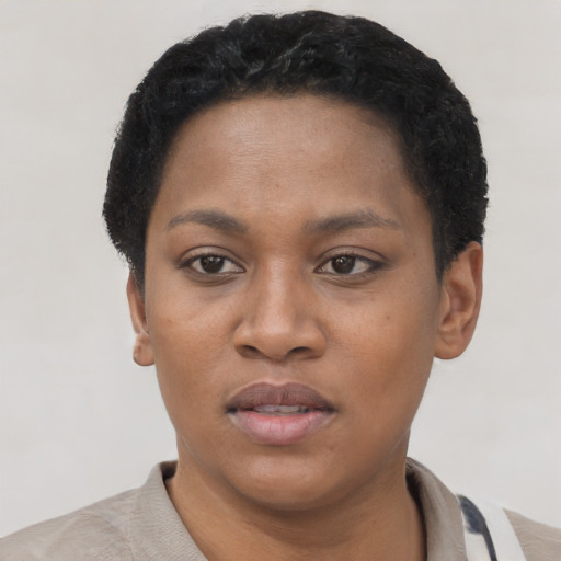Neutral black young-adult female with short  black hair and brown eyes