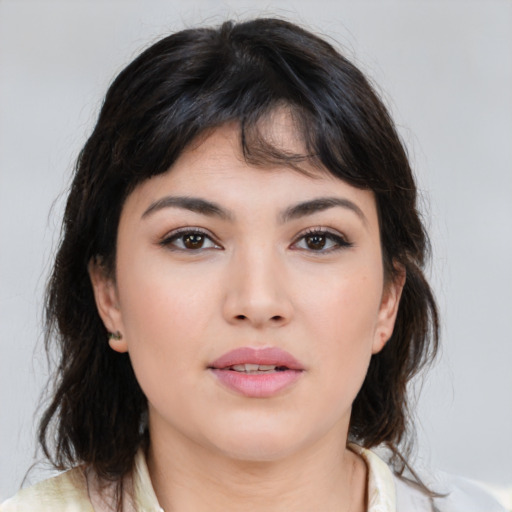Neutral asian young-adult female with medium  brown hair and brown eyes