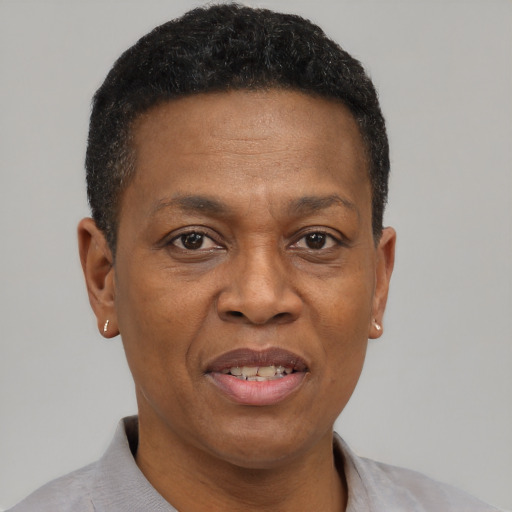 Joyful black adult male with short  brown hair and brown eyes