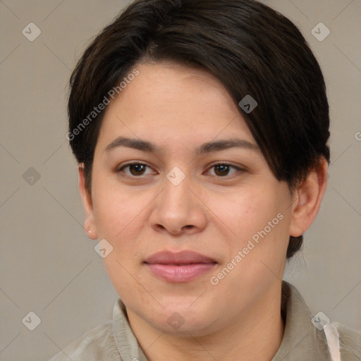 Joyful white young-adult female with short  brown hair and brown eyes