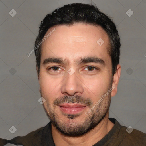 Joyful white young-adult male with short  black hair and brown eyes