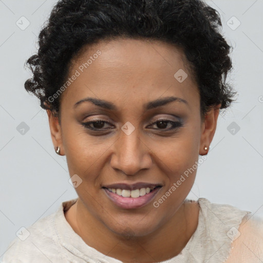 Joyful latino young-adult female with short  brown hair and brown eyes