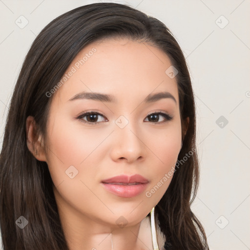 Neutral white young-adult female with long  brown hair and brown eyes