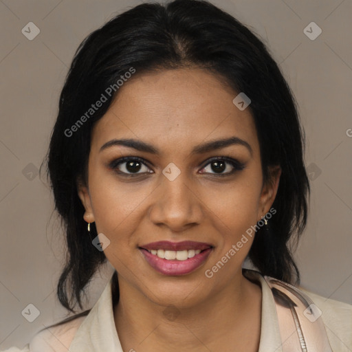 Joyful black young-adult female with medium  black hair and brown eyes