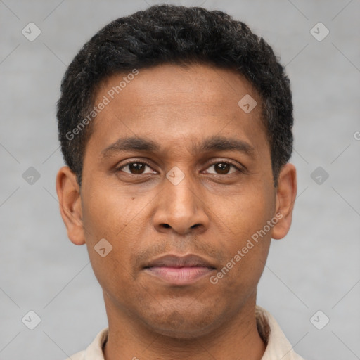 Neutral latino young-adult male with short  brown hair and brown eyes