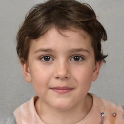 Joyful white child female with short  brown hair and brown eyes