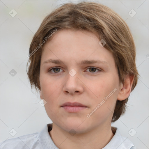 Neutral white young-adult female with medium  brown hair and grey eyes