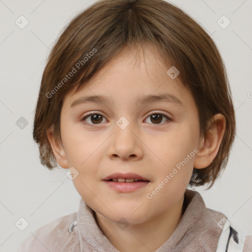 Joyful white child female with medium  brown hair and brown eyes