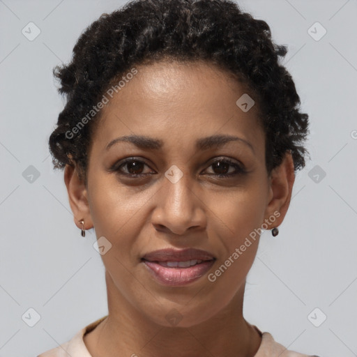 Joyful latino adult female with short  brown hair and brown eyes