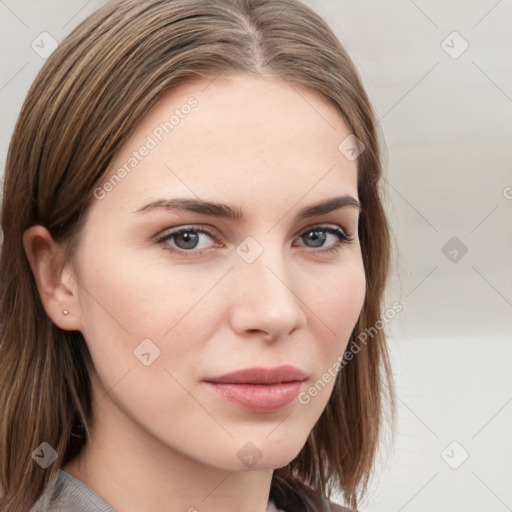 Neutral white young-adult female with medium  brown hair and grey eyes