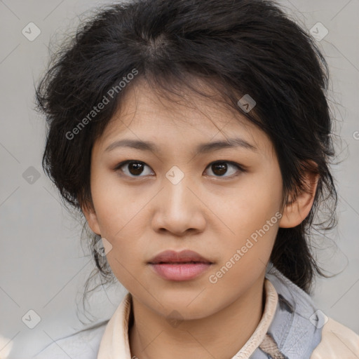 Neutral asian young-adult female with medium  brown hair and brown eyes