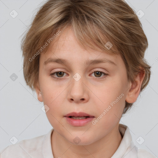 Neutral white child female with medium  brown hair and grey eyes