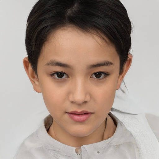 Joyful asian child female with short  brown hair and brown eyes