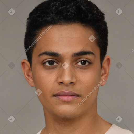 Neutral latino young-adult male with short  brown hair and brown eyes