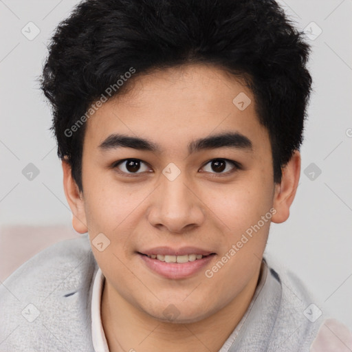 Joyful latino young-adult male with short  brown hair and brown eyes