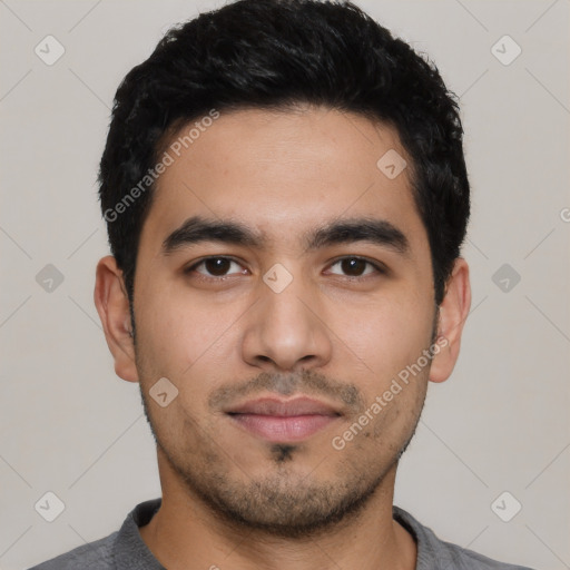 Neutral latino young-adult male with short  black hair and brown eyes