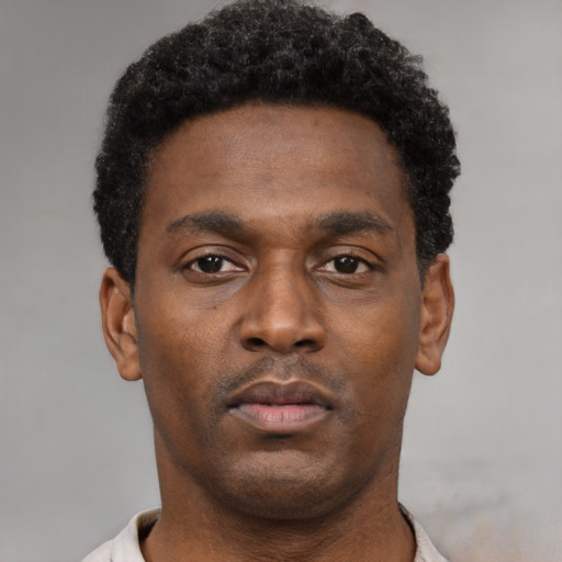 Neutral black young-adult male with short  black hair and brown eyes
