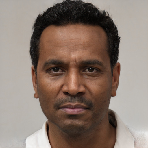 Neutral latino adult male with short  black hair and brown eyes