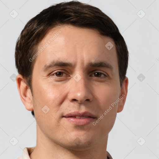 Joyful white adult male with short  brown hair and grey eyes