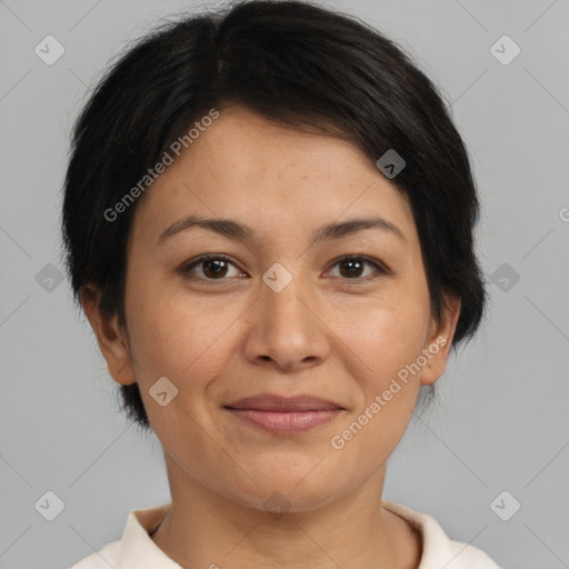 Joyful white adult female with medium  brown hair and brown eyes